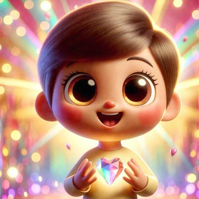 The primary subject of the image is a cartoon character, specifically a young girl, who is holding a heart in her hands. The setting is a brightly lit environment, possibly a stage or a colorful background. The visual style of the image is a digital art or illustration, with the character being depicted in a vibrant and lively manner. The colors and mood of the image are predominantly bright and cheerful, with the heart symbolizing love and warmth.